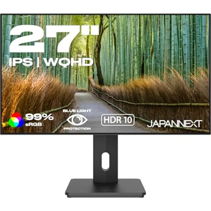 JapanNext JN-27IPS4FLWQHDR-HSP, 27" IPS WQHD Monitor mit HDR, Höhen- & Neigungsverstellbar, Integrierte Lautsprecher, VESA-kompatibel, Flicker Free, G-Sync/FreeSync, 2 Jahre Garantie