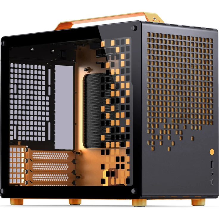 Jonsplus Z20 Micro-ATX Gehäuse, mit Tragegriff - schwarz/orange, Gaming-Gehäuse aus hochwertigem Stahl, für SFX-PSUs und Mini-ITX/Micro-ATX-Mainboards, GPU bis 363 mm und 2x 2,5-Zoll-Laufwerke – Bild 1