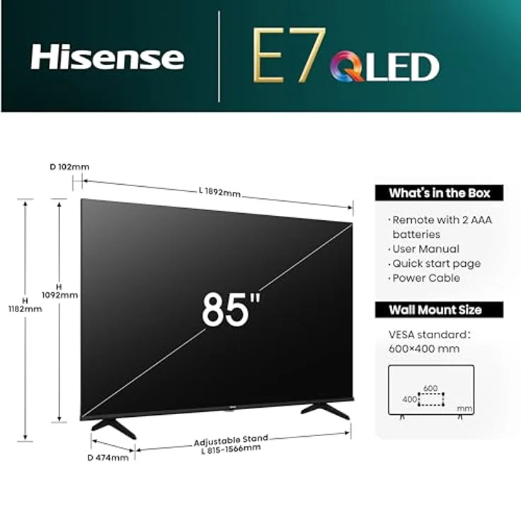 Hisense 85E7NQ 215 cm (85 Zoll) QLED Fernseher, 4K UHD, Dolby Vision Atmos, Game Mode Plus, Alexa Built-in, Schwarz [2024] – Bild 2