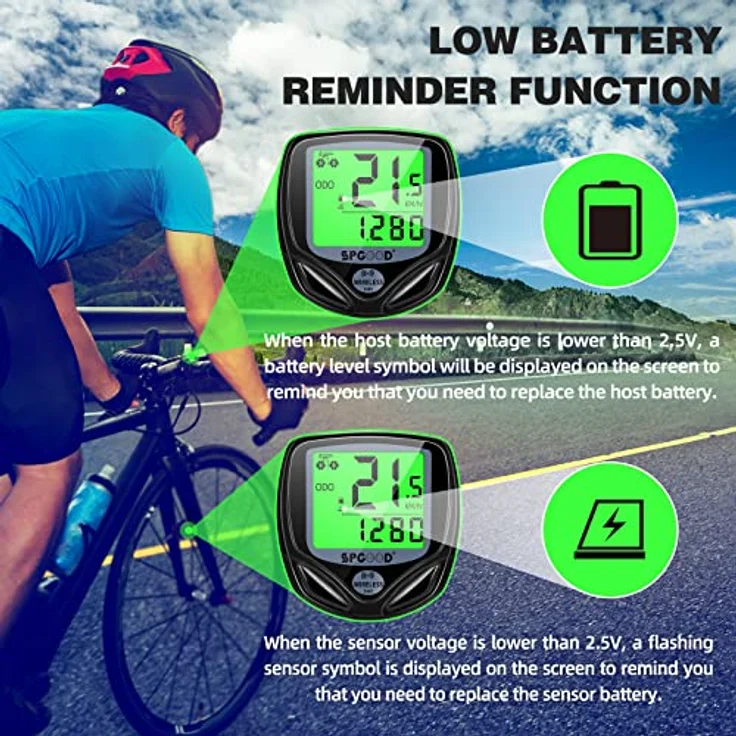 SPGOOD Fahrradcomputer Tacho Kabellos, 19 Funktionen, IP54 wasserdicht mit Hintergrundbeleuchtetem Display, automatischer Start/Stopp, schwarz – Bild 5