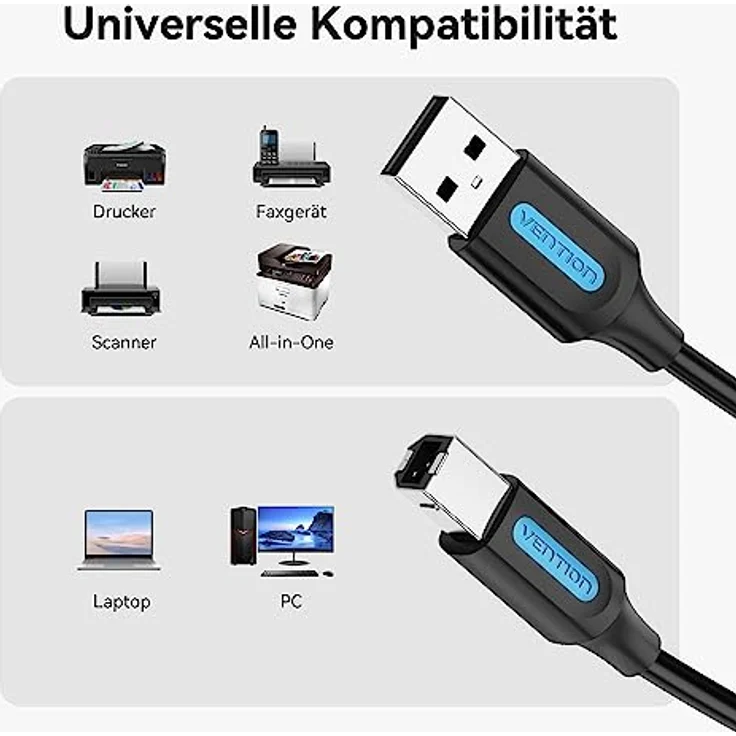 VENTION Druckerkabel USB 2m USB A auf USB B Kabel, stabil und langlebig, für Drucker, Scanner, HP, Dell, Canon, Lexmark, Xerox usw. – Bild 4