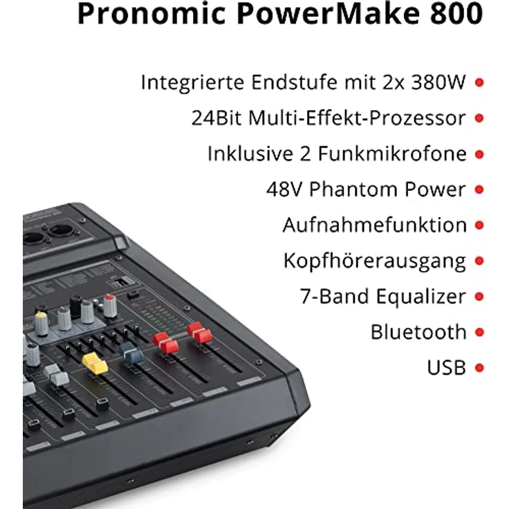 Pronomic Powermake 800 Powermischer - 8-Kanal-Mischpult - 2 UHF-Funkmikrofone - 760 Watt RMS-Leistung - 24Bit Multi-Effekt-Prozessor - Bluetooth®/USB-Player/Recorder - Grafischer Equalizer - Schwarz – Bild 3