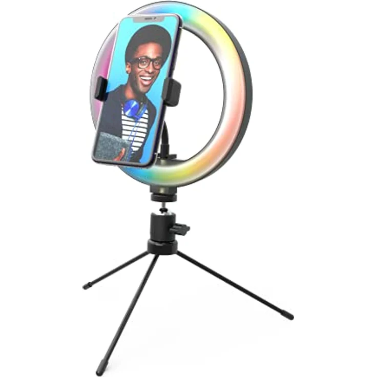 DigiPower 10" RGB Ringlicht mit 3 Beleuchtungsmodi, 15 RGB Farben und 10 Helligkeitsstufen, Smartphone-Halterung (iOS/Android), für für Make-Up, YouTube, TikTok und Vlogging, DP-VRL10RGB, schwarz – Bild 1