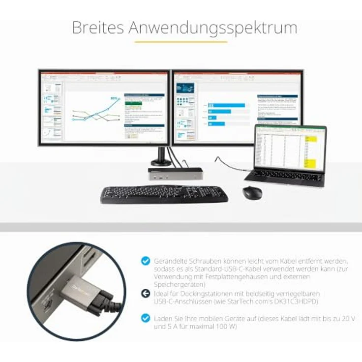 StarTech.com USB 3.1/3.2 Gen 2 Typ-C Kabel, 100W Power Delivery, DP Alt Modus, 50 cm, Grau/Schwarz – Bild 5