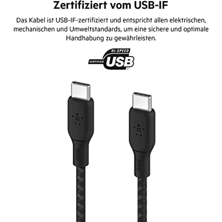 Belkin geflochtenes USB-C-USB-C Kabel 100W 2m schw. CAB014bt2MBK – Bild 7