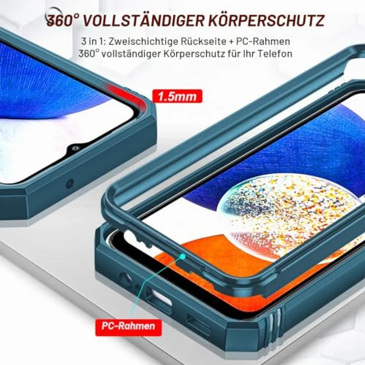 LeYi Handyhülle für Samsung Galaxy A14 5G, Outdoor Hardcase mit 2 Schutzfolien, 360 Grad Ständer und Kameraschutz, blau – Bild 5