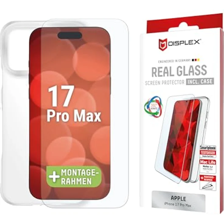 Displex Real Glass + Case für iPhone 17 Pro Max, Tempered Glas, kratzresistente Schutzfolie, Eco-Montagerahmen, transparente Schutzhülle – Bild 1