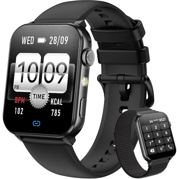Blackview Smartwatch, Fitness Uhr mit Herzfrequenz- und Schlafmonitor, Bluetooth Anrufe, LED Taschenlampe, 2 Armbänder, 20 Sportmodi