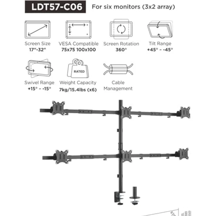Equip 650160 17"-32" bewegliche Tischhalterung für 6 Monitore, Robuste Stahlkonstruktion, max. Tragfähigkeit 7 kg, schwarz – Bild 2