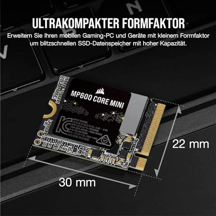 Corsair MP600 CORE Mini 2TB M.2 NVMe PCIe x4 Gen4 2 SSD - M.2 2230 - Bis zu 5.000 MB/s Sequentielles Lesen - High-Density QLC NAND - Für Steam Deck, ASUS ROG Ally, Microsoft Surface Pro - Schwarz – Bild 2