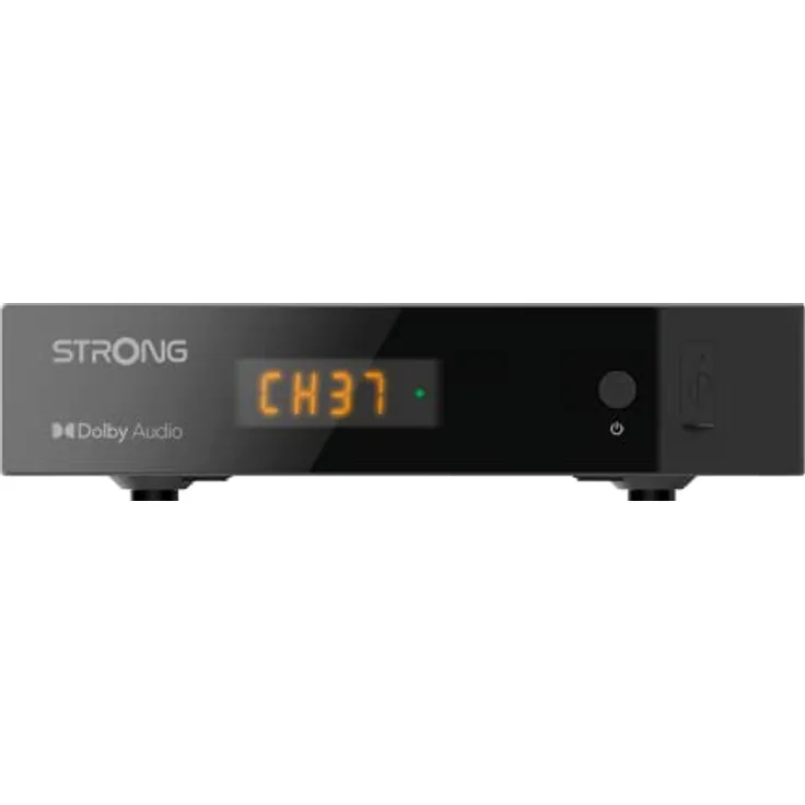 Strong SRT 8216, Digitaler DVB-T2 Receiver0, HEVC-Technologie, ANT IN, TV SCART, Audio, HDMI, Ethernet, Netzschalter, USB-Anschluss