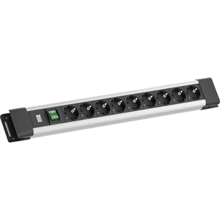 Bachmann CONNECTUS 9xCEE7/3 Steckdosenleiste, 2 m mit 1x 2-poligem Schalter, graues Profil mit schwarzen Endkappen – Bild 1
