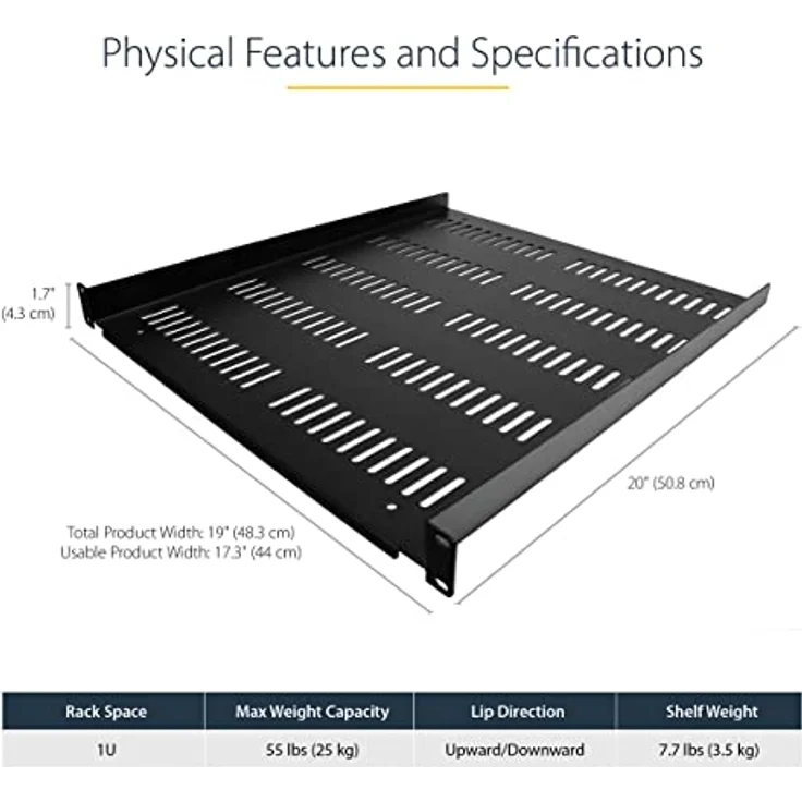 StarTech 1 HE 19" Fachboden, perforierte Rack Ablage für Serverschrank, 25 kg Tragkraft, 50 cm Tiefe, belüftet, Frontmontage – Bild 3
