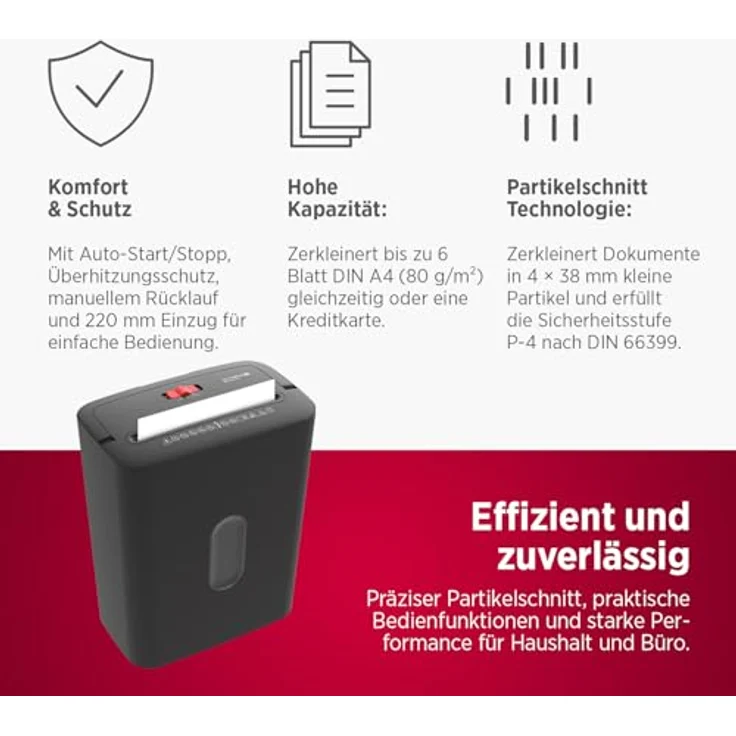 OLYMPIA PS 53 CC Pro Aktenvernichter, Partikelschnitt P-4, 4 x 38 mm, geeignet für bis zu 6 Blatt, schwarz mit 15,0 l Auffangbehälter – Bild 3