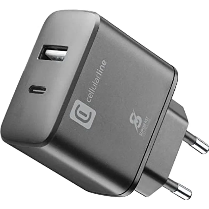 Cellularline | Netzwerk-Ladegerät | USB- und USB-C-Ladegerät mit 2 Anschlüssen und 25-W-Super-Fast-Charging-Technologie