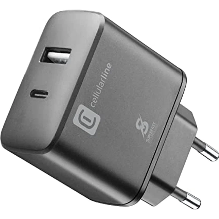 Cellularline | Netzwerk-Ladegerät | USB- und USB-C-Ladegerät mit 2 Anschlüssen und 25-W-Super-Fast-Charging-Technologie – Bild 1