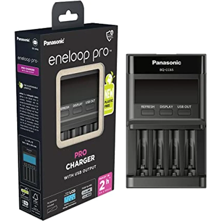 Panasonic eneloop Pro Ladegerät with USB Output für 1–4 AA/AAA NI-MH-Akkus, mit USB-Anschluss, LCD-Display, Auffrischfunktion und 10 Sicherheitsfunktionen, black – Bild 1