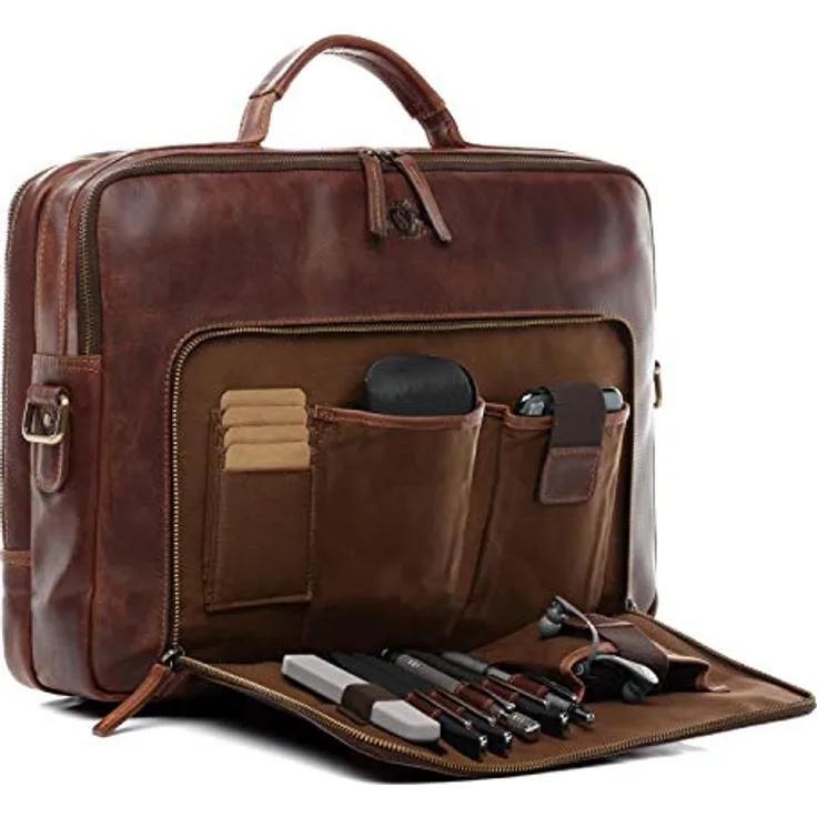SID & VAIN Laptoptasche Simon aus Premium Leder I Business-Tasche XL groß für Herren und Damen 15 Zoll extra Laptop-Hülle I Umhängetasche Aktentasche braun handgefertigt