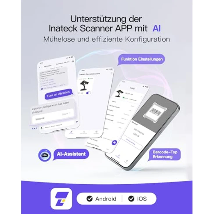 Inateck BCST-35, Kabelloser 2D Barcode Scanner mit 2600mAh Akku und intelligentem Ständer, Bluetooth und APP Unterstützung, gelb – Bild 5