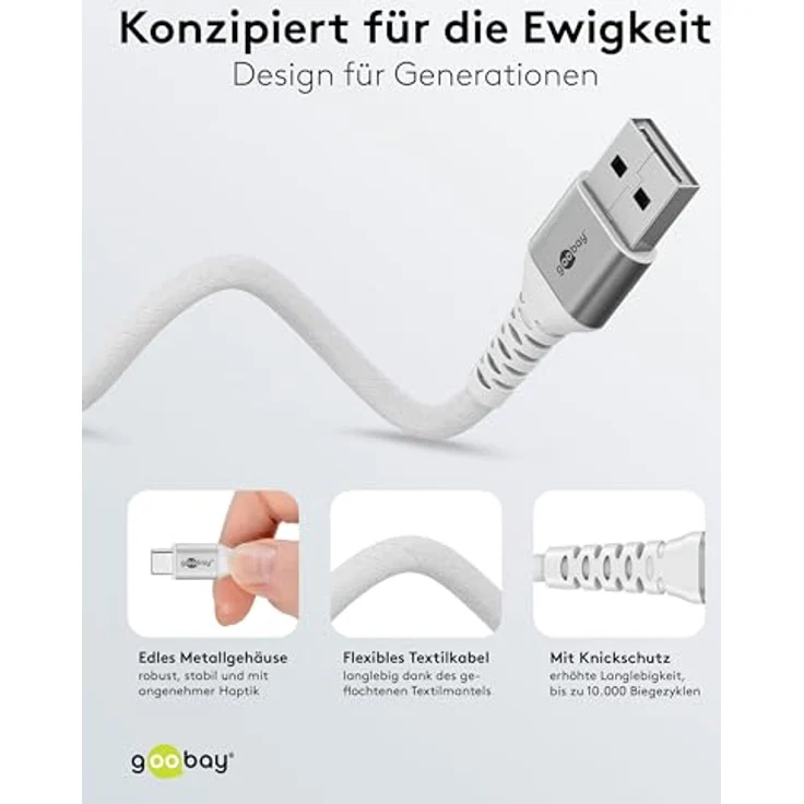 goobay USB-A auf USB-C Kabel 60W, 2m, flexibles Textilkabel mit 480 Mbit/s, weiß, kompatibel mit Samsung, Xiaomi, Google, Nothing Phone – Bild 4