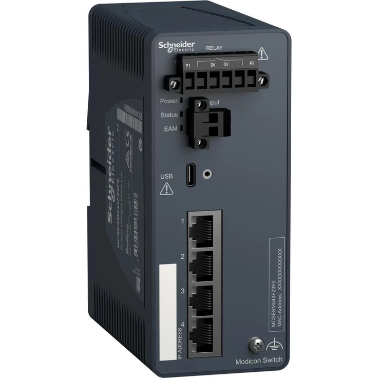 Schneider Electric Modicon Managed Switch MCSESM043F23F0, 4-Port Kupfer Netzwerk Switch mit Ethernet TCP/IP, kompakt, DIN-Schienenmontage, CE-zertifiziert