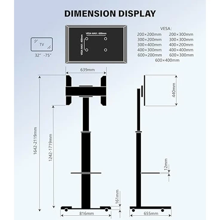 XTRARM Proton 500 mobiler TV Ständer, Schwarz, bis 211 cm Höhe, viele VESA-Größen, TV 37-70 Zoll / 40 kg – Bild 4