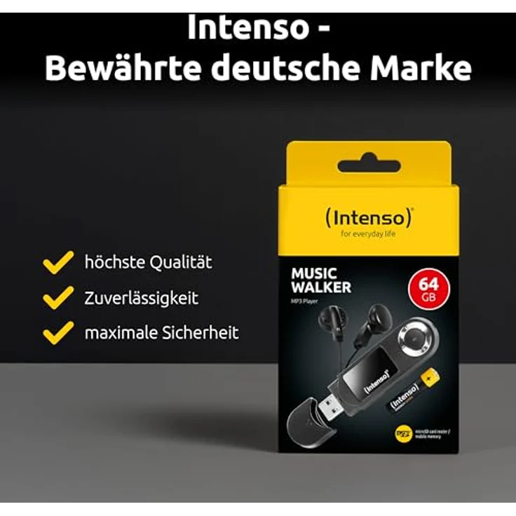 Intenso Music Walker MP3 Player 64 GB, tragbar mit LCD-Display, microSD-Karte, USB 2.0, AAA-Batterie und Kopfhörern, schwarz – Bild 5