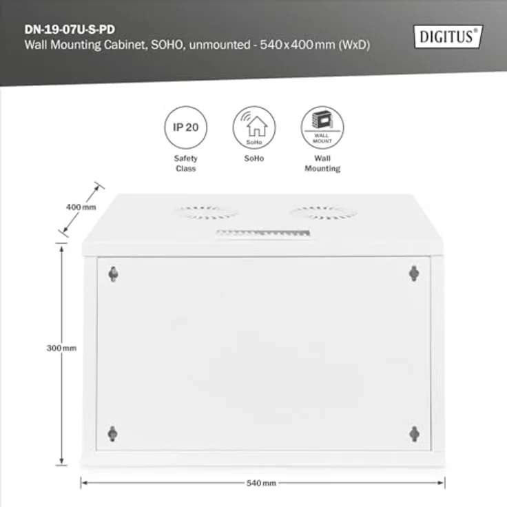 DIGITUS Netzwerk-Schrank 19 zoll 7 HE - unmontiert - Wandmontage - 400 mm Tiefe - Traglast 60 kg - Perforierte Tür – Bild 3