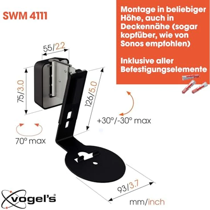 Vogel's SWM 4111, Wandhalterung für Sonos Era 100, schwarz, neig- und schwenkbar, maximal 2 kg Traglast – Bild 6