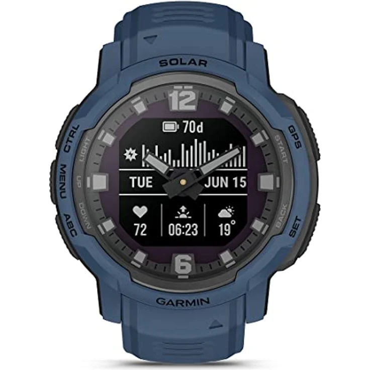 Garmin Instinct Crossover Solar, Hybrid-Smartwatch, 45 mm, Solar-Ladegerät, Rugged Design und Super-Luminova-Zeigern, 70 Tage Akkulaufzeit, 30 Sport, GPS, Cardio, SpO2, Activity Tracker (Tidal Blue) – Bild 1