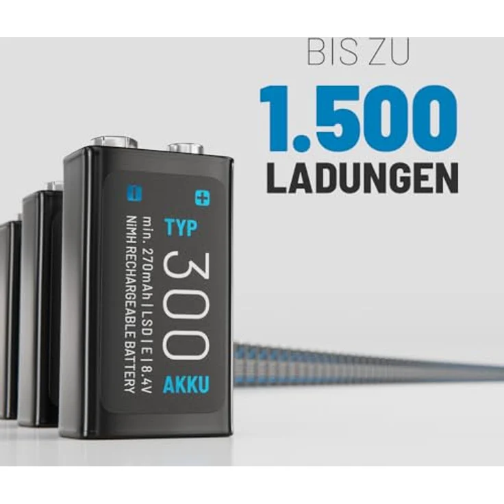 ABSINA 2X 9V Akku Block wiederaufladbar 300 mit geringer Selbstentladung - NiMH Akku mit 270mAh, 8,4V - E Block 9V Batterie, 9V Batterie Akku – Bild 4