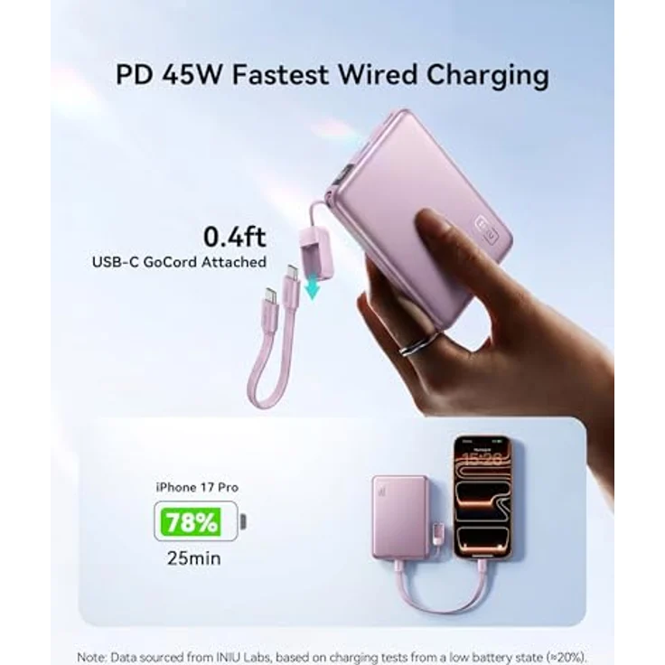 INIU Qi2 25W Power Bank, Dünnste 10000mAh Kabelloses und 45W USB-C Ultra-Schnellaufladung, Magnetisches Laden mit LED Anzeige, Flugsicher, lila – Bild 4