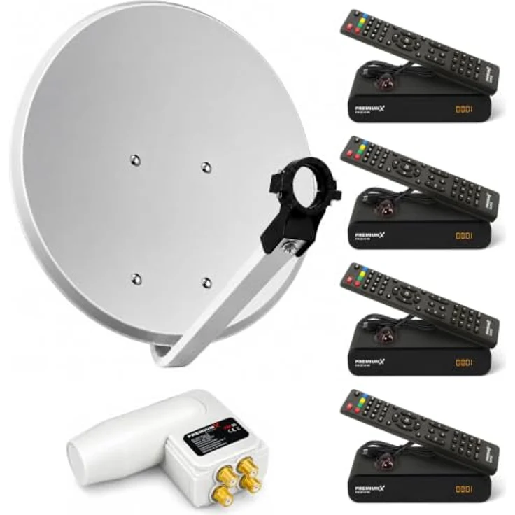 PremiumX Satelliten-Komplettanlage PXS80, 80 cm Satellitenschüssel in Hellgrau mit Quad LNB, 4x DVB-S2 FullHD Receiver, 3D Unterstützung – Bild 1