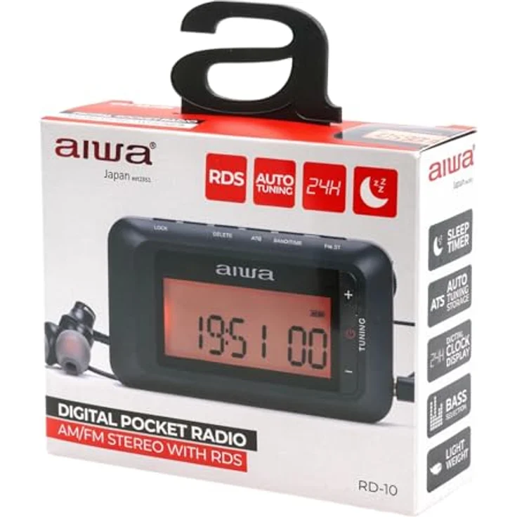 Aiwa RD-10 Tragbares Digitalradio DAB+ - FM-RDS mit LED-Hintergrundbeleuchtung, Bassauswahl und Speicherfunktion, inklusive Stereo-Kopfhörer und 2 AAA-Batterien, kompakt 45g – Bild 4