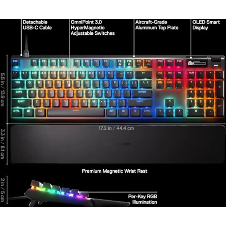 SteelSeries Apex Pro Gen 3 - HyperMagnetic Gaming-Tastatur - OmniPoint 3.0 Switches - anpassbares Ansprechverhalten - Rapid Trigger - Rapid Tap/SOCD - OLED - RGB - PBT-Keycaps - US Layout QWERTY - Schwarz – Bild 3