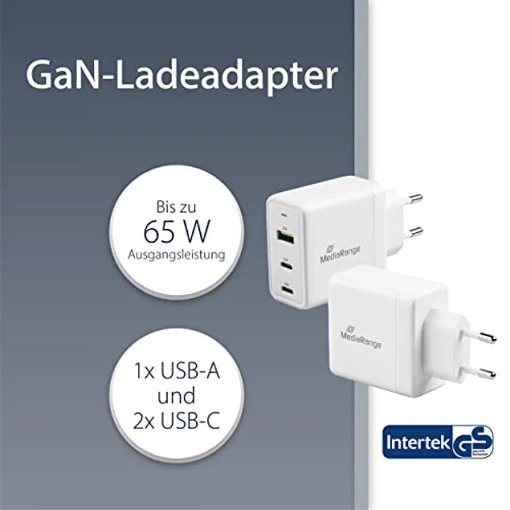 MediaRange 65W GaN Ladeadapter - 3-Port Steckdosen-Ladeadapter mit Schnellladefunktion, 1x USB-A und 2X USB-C Ausgang, kompatibel mit iPhone 13, 12, iPad Pro, AirPods Pro, Galaxy, S22, S21 – Bild 2