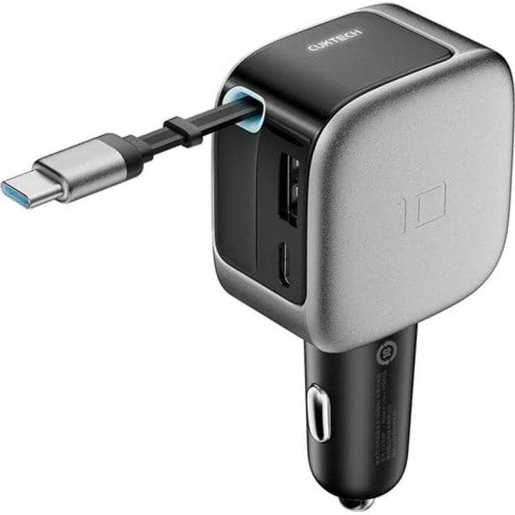 CUKTECH CC903P, 100W Autoladegerät mit Digitalanzeige und 70cm einziehbarem USB-C-Kabel - Grau