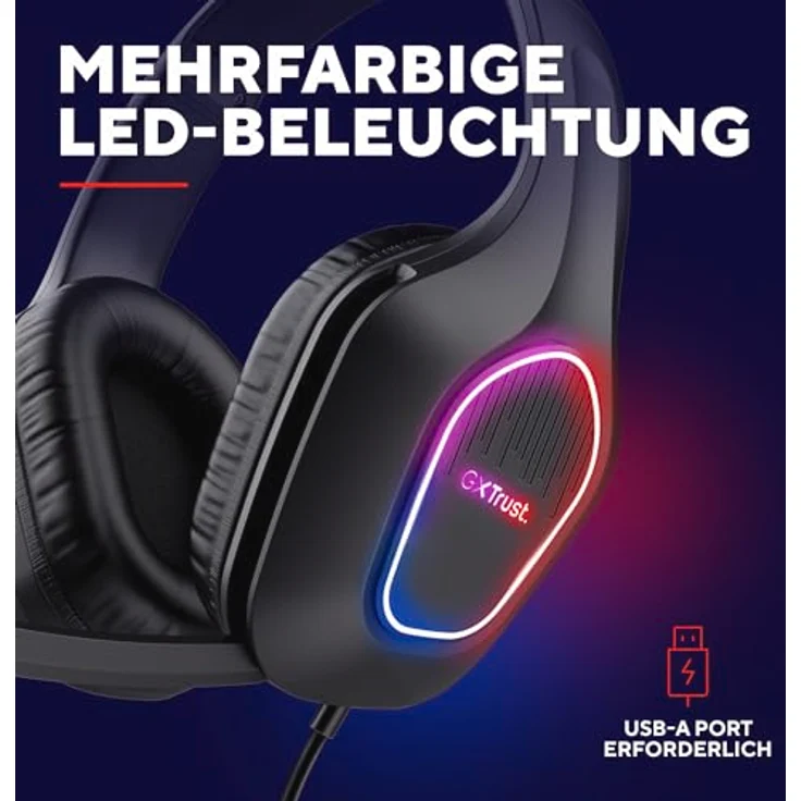 Trust Gaming GXT 419 Rayne Leichtes Gaming Headset für PC/Konsole, Schwarz, USB-betriebene LED Beleuchtung, 50-mm-Treiber, Over-Ear mit Kabel, multiplattformkompatibel – Bild 3