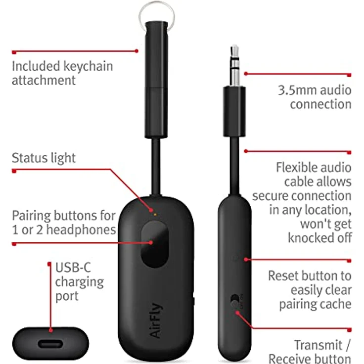 Twelve South AirFly Pro Bluetooth Wireless Audio Transmitter/Receiver für bis zu 2 AirPods/Wireless Kopfhörer; Verwendung mit jeder 3,5 mm Audio Buchse, Schwarz – Bild 4