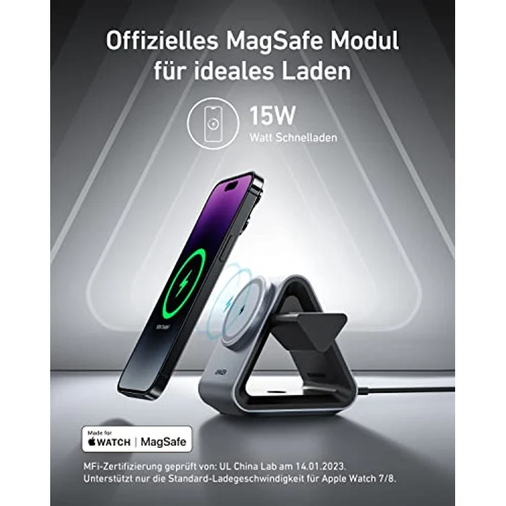 Anker 737 MagGo Charger (3-in-1 kabellose Ladestation) mit USB-C Kabel, Max. 15W Schnelladen, Kompatibel mit iPhone 14/13/12 Serie, Apple Watch S8, AirPods Pro (mit 30W USB-C Ladegerät) – Bild 2