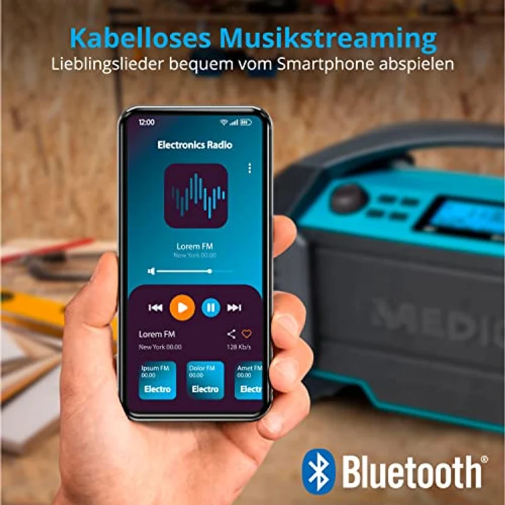 MEDION E66050 DAB+ Baustellenradio (Integrierter Akku, IP54 Schutz gegen Spritzwasser & Staub, USB-Ladefunktion, Bluetooth 5.0, PLL UKW Radio, LED-Arbeitslicht, Akku- oder Netzbetrieb) blau – Bild 4
