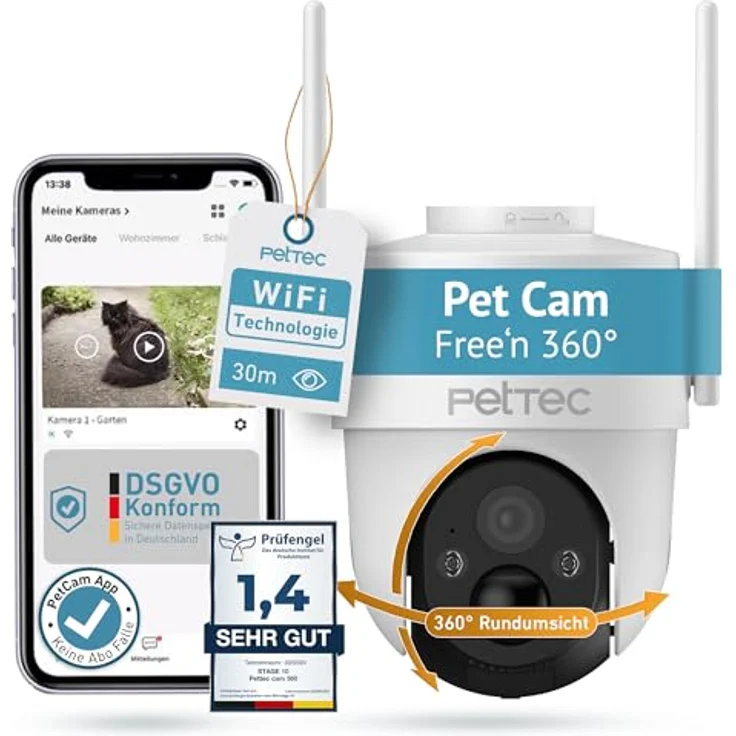 PetTec Pet Cam Free'n 360, Wi-Fi/WLAN 2.4GHz Überwachungskamera mit 3MP, Akku, Pan&Tilt, Bewegungserkennung bis 30m, Nachtsicht bis 20m, IP65, Flutlicht & Sirene – Bild 1