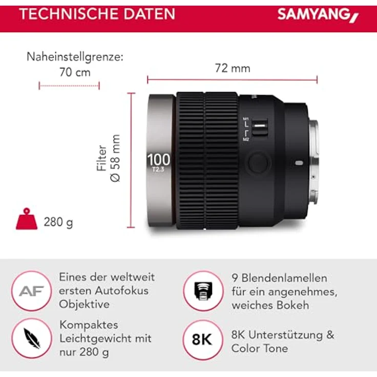 Samyang V-af T 2.3/100 FE Sony E Objektiv, Schwarz – Bild 5
