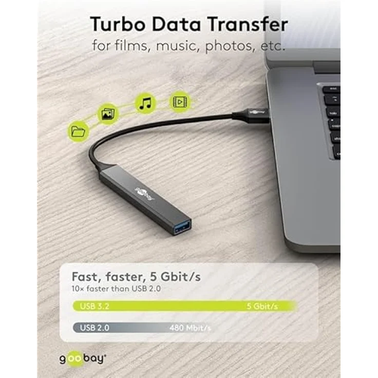 goobay 4-Port USB 3.2 Hub Slim/USB Mehrfachstecker / USB-A zu 4-Fach USB-A Multiport Adapter / Aluminiumgehäuse / 5 Gbit/s / Schwarz – Bild 5