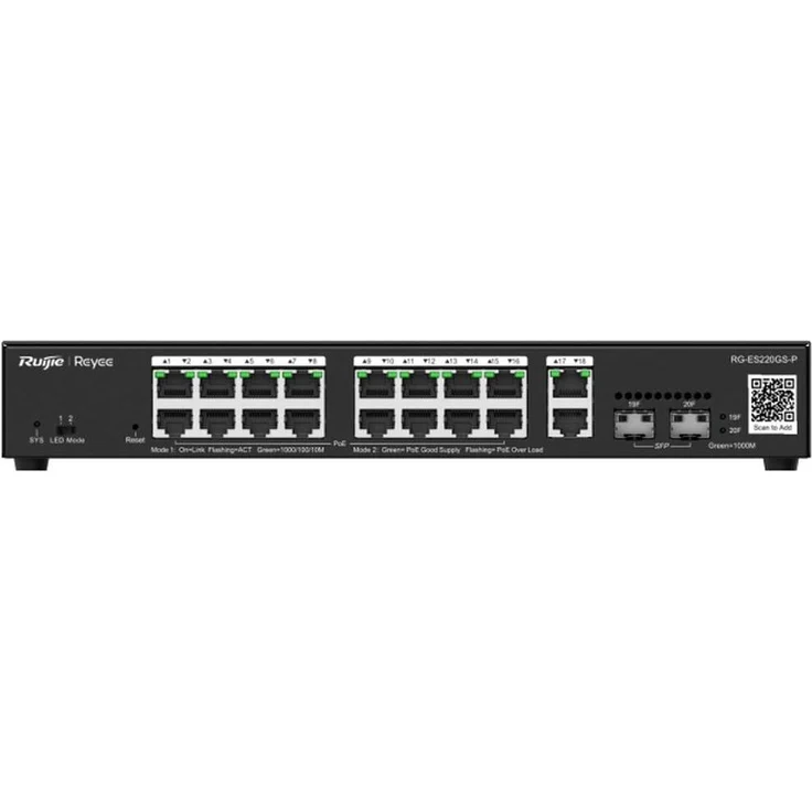 Ruijie 20-Port Gigabit Smart POE Switch, 16 PoE/POE+ Ports, 250W PoE-Budget, Cloud-Managed, Schwarz