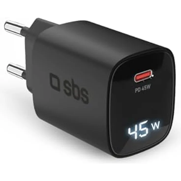 SBS USB-C Ladegerät 45W mit LCD, EU-Stecker, Power Delivery, ideal für Android-Smartphones, iPhone, Tablets, MacBook