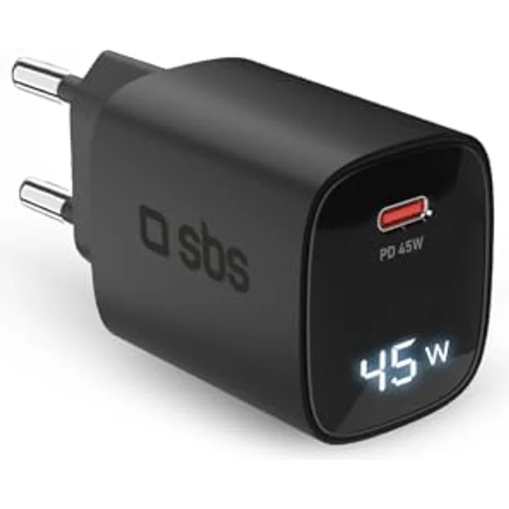 SBS USB-C Ladegerät 45W mit LCD, EU-Stecker, Power Delivery, ideal für Android-Smartphones, iPhone, Tablets, MacBook – Bild 1