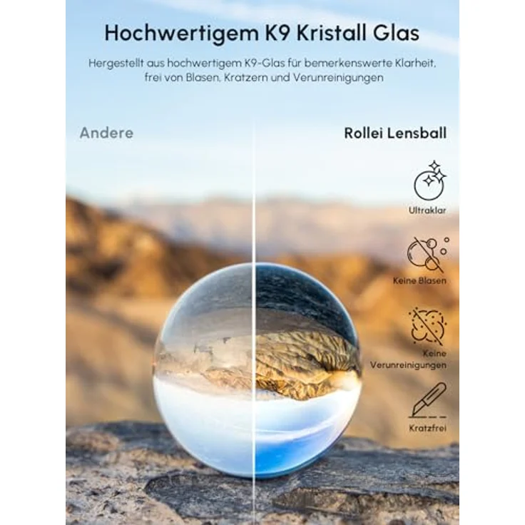 Rollei Lensball 110mm I Glaskugel I Kristallkugel I Foto-kugel mit Aufbewahrungstasche & Mikrofaser Reinigungstuch für Glaskugel-Fotografie – Bild 4