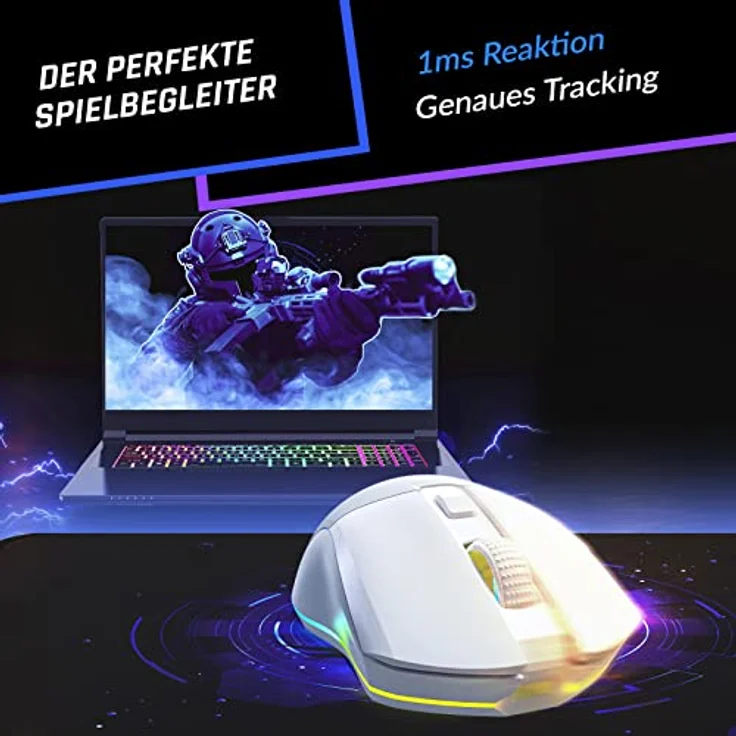 KLIM Blaze Pro - Gaming-Maus, kabellos, RGB wiederaufladbar, mit Ladestation, Weiß – Bild 3