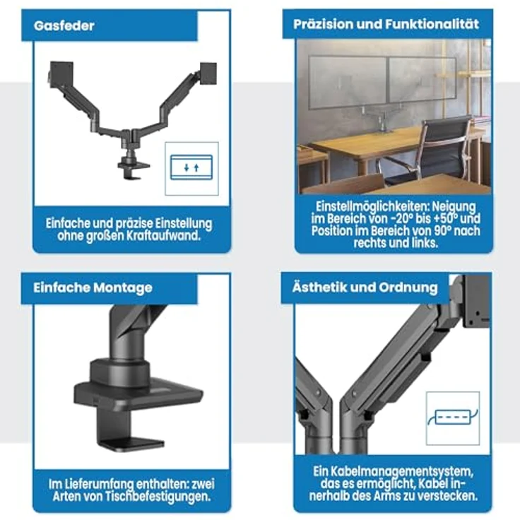 EDBAK Monitor Halterung 2 Monitore für 19-35 Zoll Bildschirme, VESA 75/100 mm, mit Gasfeder, Drehbar, Ergonomischer Bildschirmhalterung, Schwarz – Bild 3